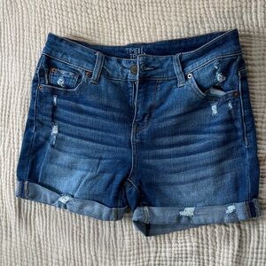 Time and Tru Dark Blue Distressed Denim Roll-Cuff Shorts